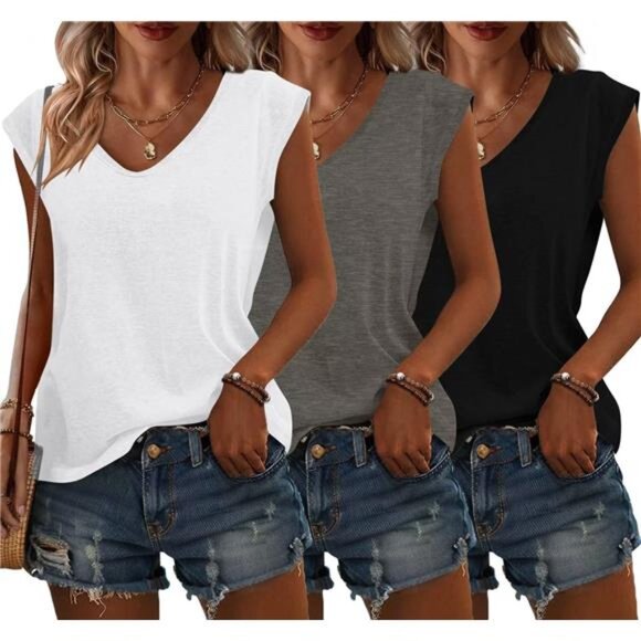 3 Pack Womens Cap Sleeve Tops V Neck T Shirts Spring Summer Casual Plus - Picture 1 of 7
